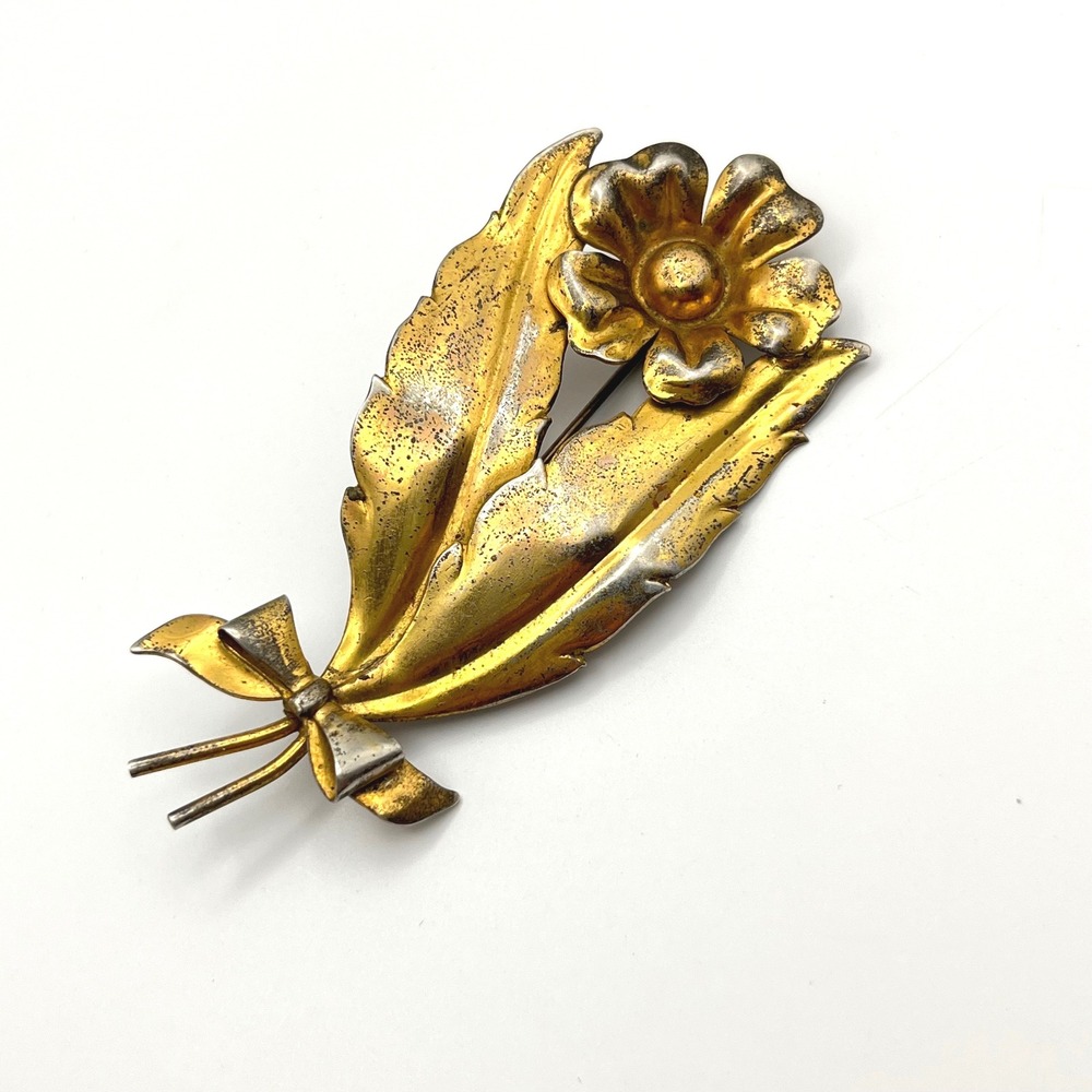 Vintage Sterling Silver Gold Vermeil Flower Leaf Bow‎ Brooch Pin 14.8g 3.25in